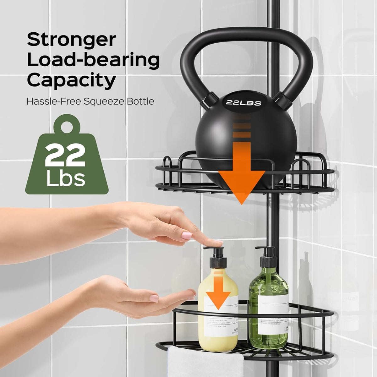 HAMITOR Corner Shower Caddy Tension Pole: No-Drill Rustproof Bathroom Shelf