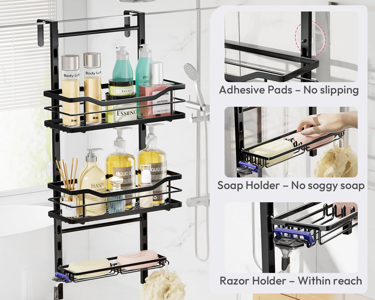 SWTYMIKI Over the Door Shower Caddy - 3 Tier Adjustable Shower Organizer Hanging with Soap Holder, No Drilling Stainless Steel Bathroom Rack Hanging for Body Wash, Shampoo, Soap, Razor, Black