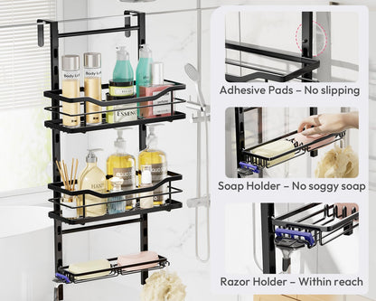 SWTYMIKI Over the Door Shower Caddy - 3 Tier Adjustable Shower Organizer Hanging with Soap Holder, No Drilling Stainless Steel Bathroom Rack Hanging for Body Wash, Shampoo, Soap, Razor, Black