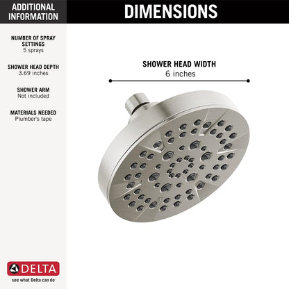 Delta 6-Setting Chrome Shower Head with High Pressure Spray, 6 Inch Round Shower Head, Showerheads, 1.75 GPM Flow Rate, Chrome 52535
