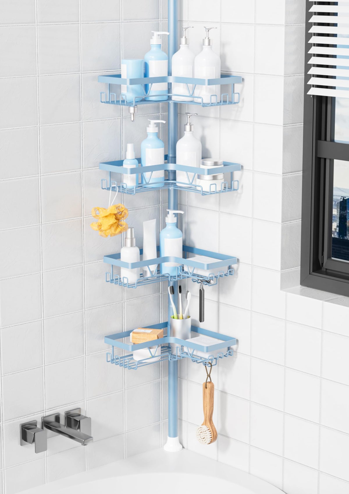 KEGII Corner Shower Caddy Tension Pole, Large Capacity Bathroom Organizer