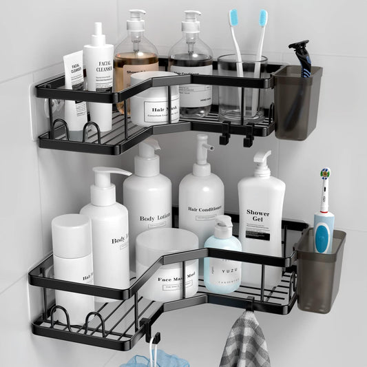 AKTECKE Corner Shower Caddy, 2 Pack Adhesive Shower Corner Organizer Shelves, No Drilling Stainless Steel Shower Storage Rack with Hooks&Toothpaste Holder for Bathroom Kitchen （for 90° Corners Only）
