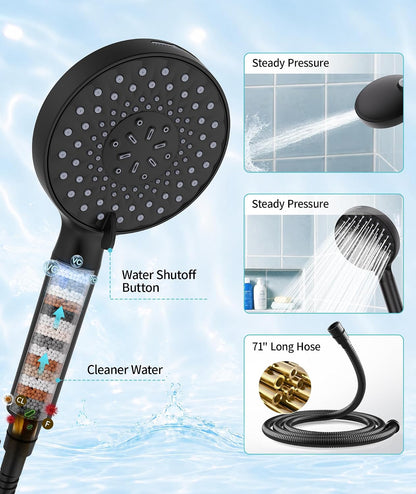 SR SUN RISE Filtered Shower Head with Handheld High Pressure 9 Spray Mode Showerhead Detachable Shower Head Water Softener Filters Beads for Hard Water Remove Chlorine 1 Filter Black