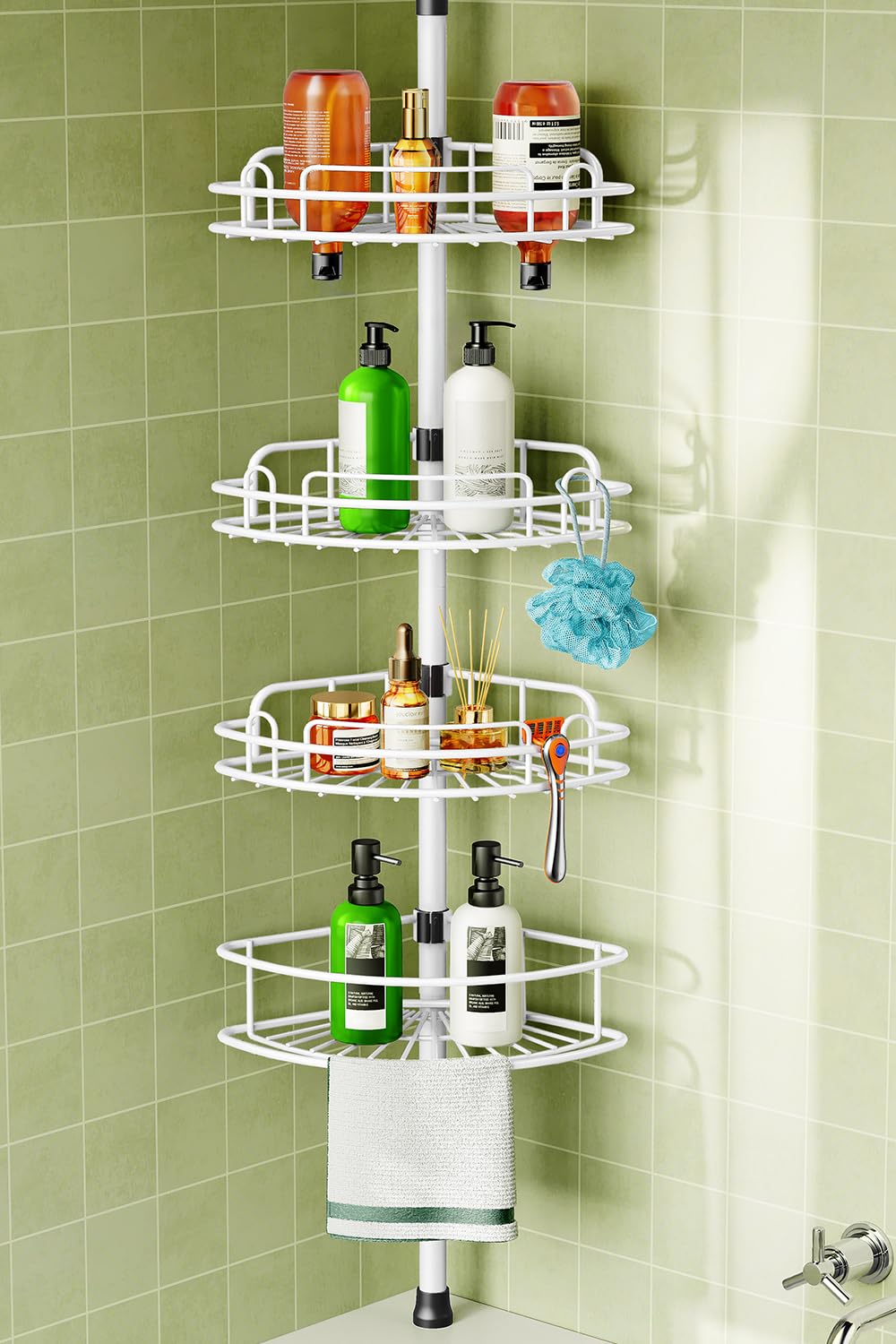 HAMITOR Corner Shower Caddy Tension Pole 4 Tier Rustproof Shampoo Organizer