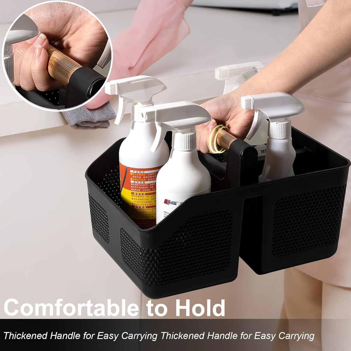 Plastic Shower Caddy Portable Shower Basket with Bamboo Handle, Black