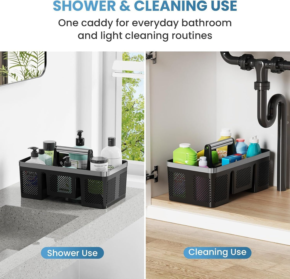 BYUNER Plastic Shower Caddy Dorm: Portable Cleaning & Shower Caddy with Handle, 4 Divided Compartments, All-Side Drainage, Rigid Plastic Basket Tote for College Dorm & Bathroom Use, Black/Silver