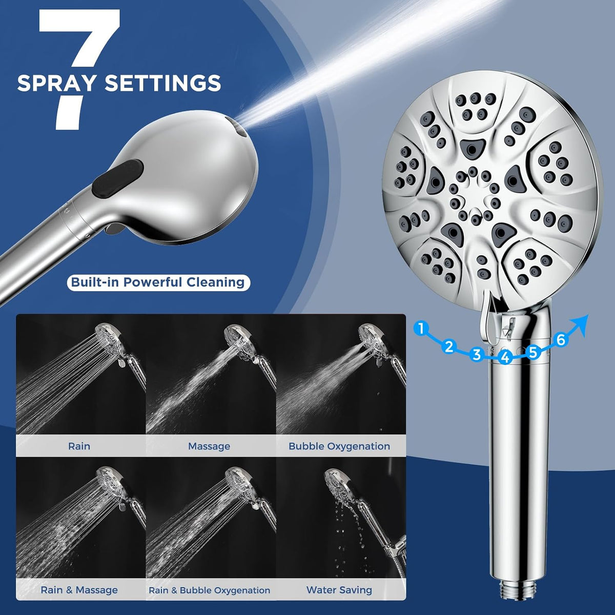 HOPOPRO 7-Setting Handheld Shower Head with Built-in Power Wash, Polished ABS Chrome, 71-Inch Stainless Steel Hose, 360 Rotatable Brass Overhead Bracket, Anti-Leakage Teflon Tape