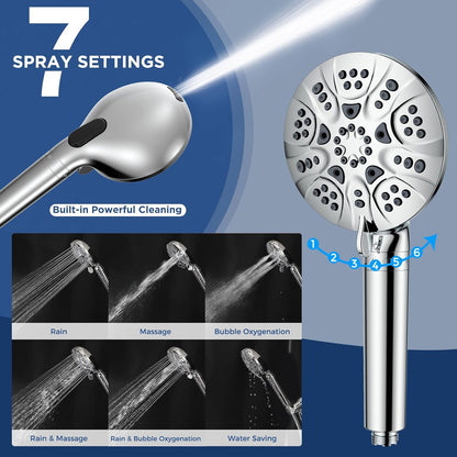 HOPOPRO 7-Setting Handheld Shower Head with Built-in Power Wash, Polished ABS Chrome, 71-Inch Stainless Steel Hose, 360 Rotatable Brass Overhead Bracket, Anti-Leakage Teflon Tape