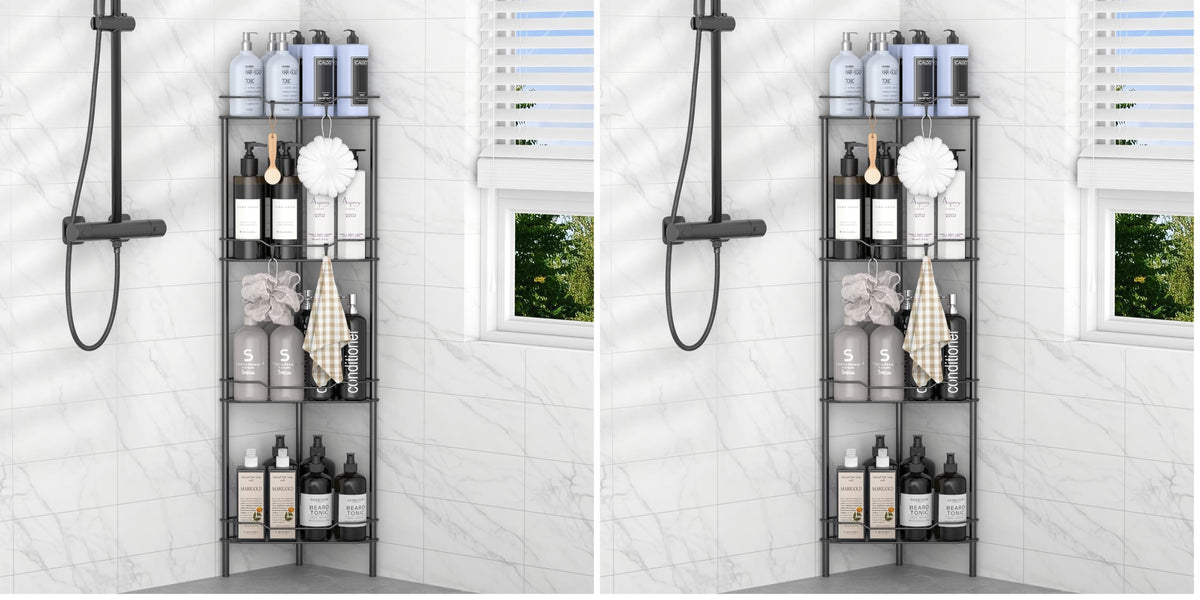 HuggieGems 4 Tier Floor Standing Corner Shower Caddy Organizer Shelf with Hooks, Bathroom Shelves Stand Rack, Black