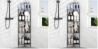 HuggieGems 4 Tier Floor Standing Corner Shower Caddy Organizer Shelf with Hooks, Bathroom Shelves Stand Rack, Black
