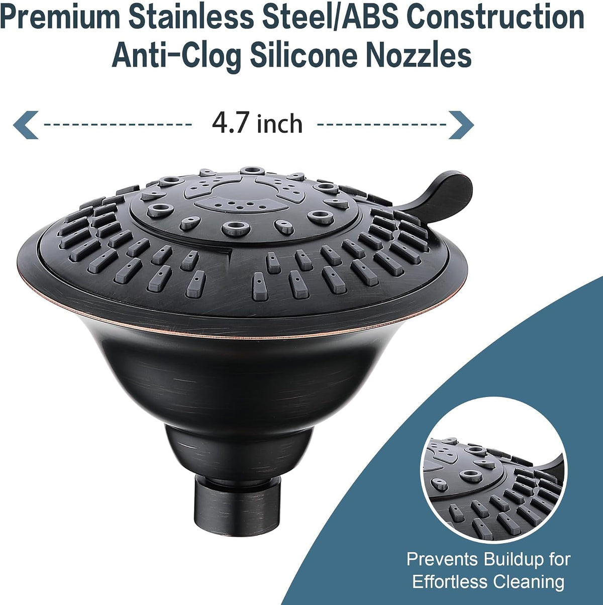 BRIGHT SHOWERS High Pressure Rain Shower Head, Fixed Shower Head with 5 Spray Settings, Adjustable Angle and Anti-Clog Nozzles, Oil Rubbed Bronze