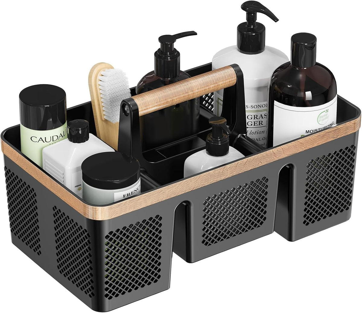 BYUNER Plastic Shower Caddy Dorm: Portable Cleaning & Shower Caddy with Handle, 4 Divided Compartments, All-Side Drainage, Rigid Plastic Basket Tote for College Dorm & Bathroom Use, Black/Silver