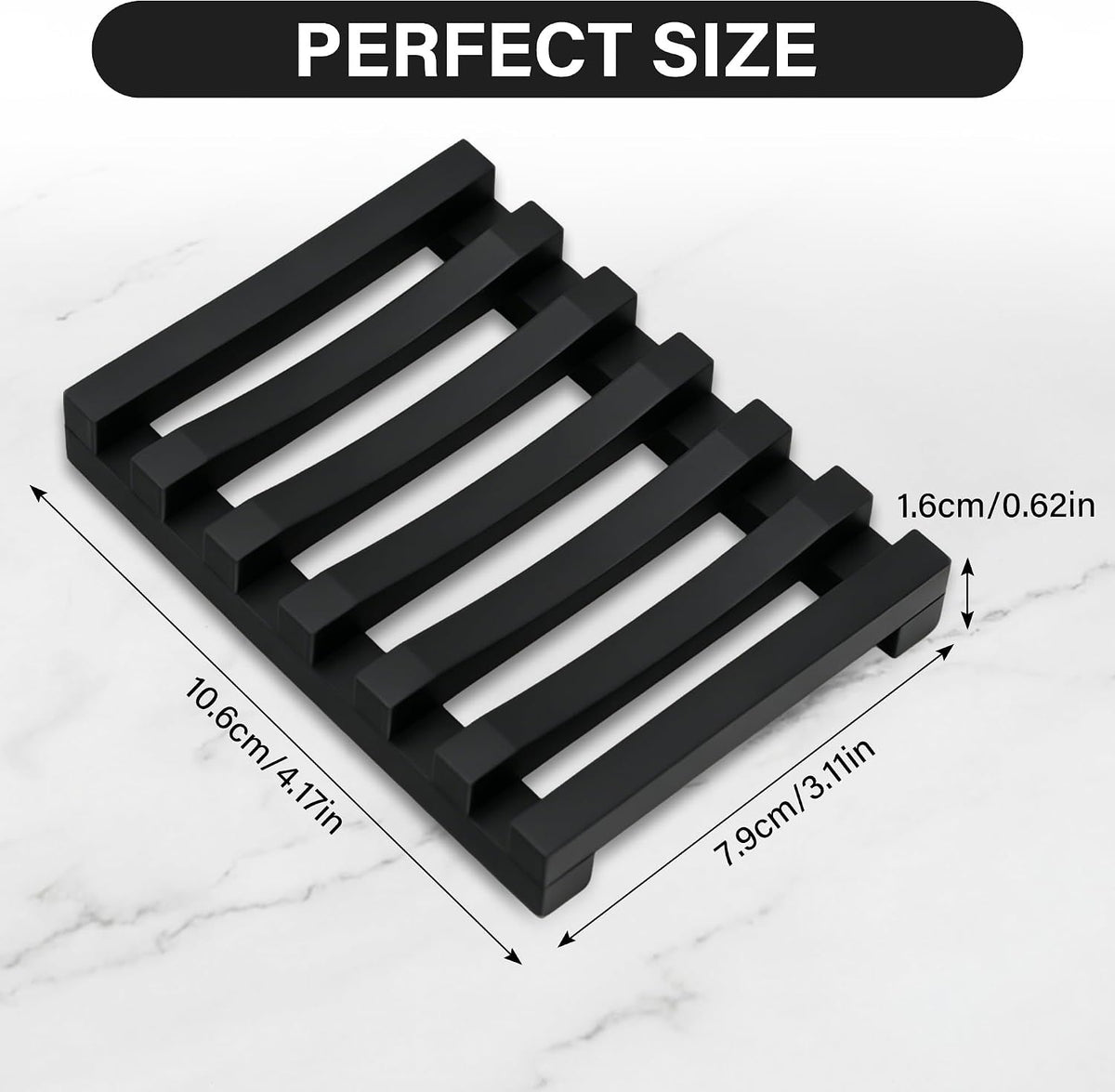 Slotted Silicone Soap Dish 2 Pcs, Self Draining Soap Holder with Raised Bar Design, Non Slip Soap Saver Tray, Quick Dry Soap Dish for Bathroom Kitchen Sink Shower, Black