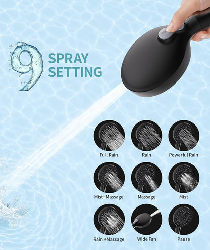 SR SUN RISE Filtered Shower Head with Handheld High Pressure 9 Spray Mode Showerhead Detachable Shower Head Water Softener Filters Beads for Hard Water Remove Chlorine 1 Filter Black