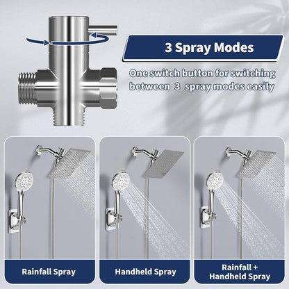 Airlex Shower Head Rain Shower Head with Handheld Spary, High Pressure Rainfall Showerhead and 4 Modes Handheld Shower Heads Built-in Power Wash with 71 Inch Stainless Steel Hose, 8'' Sliver