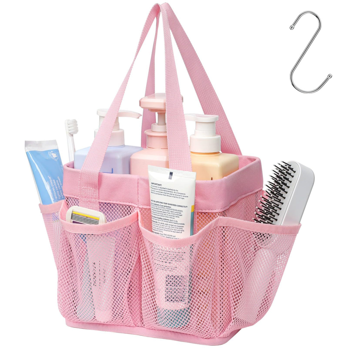 Mesh Shower Caddy Portable - 8 Pockets, S-Hook, Shower Bag for Dorm Camping