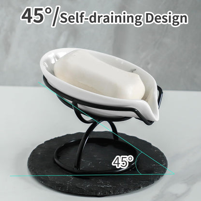 Dobbyby Leaf-Shaped Soap Dish – Ceramic Soap Bar Holder with Self-Drainage System – Bar Soap Holder for Shower, Bathroom Sink, Kitchen – Soap Dish with Stainless Steel Stand (White-Black-2 Pack)