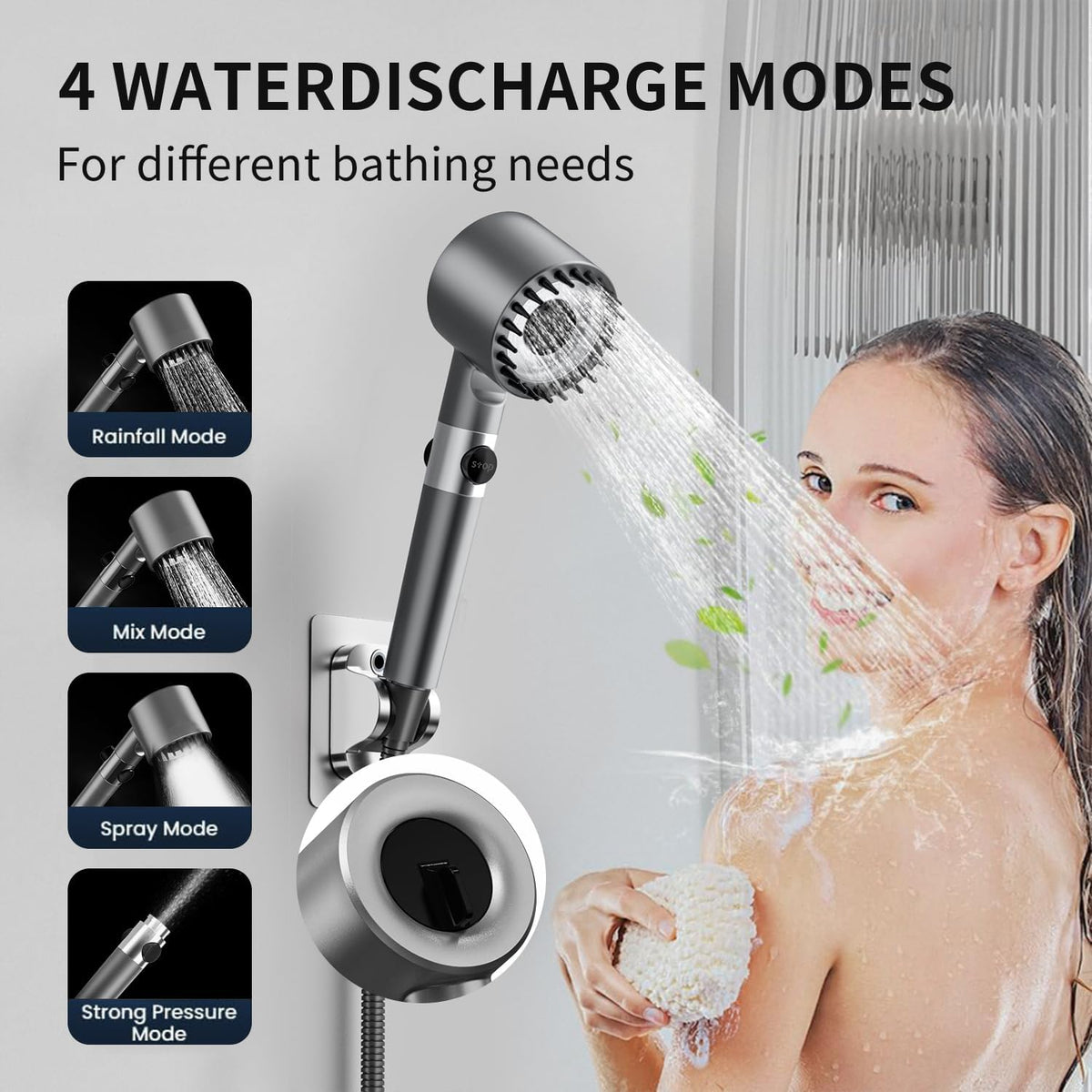 Ion Shower Head, Shower Head High Pressure with Handheld & 5 Filters, 4 Modes & Pause Switch, Showerhead Set with 59" Explosion-Proof Hose & Dual Brackets for Hard Water & Pets, Gray