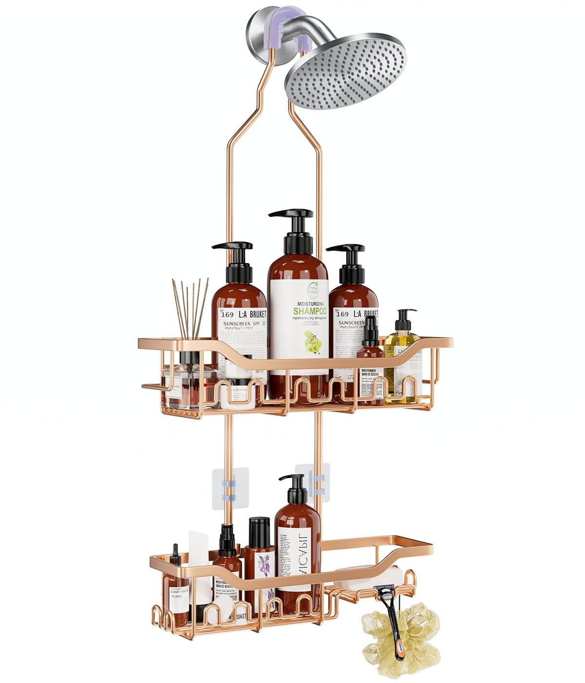Upgraded Extended Length Shower Organizer with Hooks, Rustproof Shampoo Soap Holder, Large Hanging Bathroom Caddy