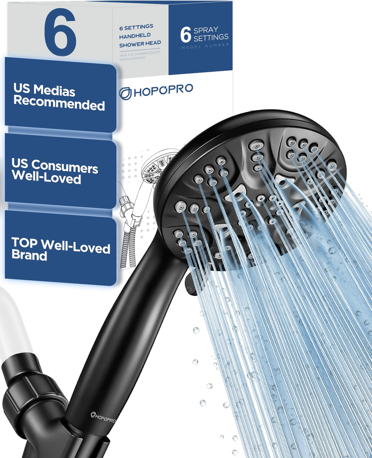 HOPOPRO 7-Setting Handheld Shower Head with Built-in Power Wash, Polished ABS Chrome, 71-Inch Stainless Steel Hose, 360 Rotatable Brass Overhead Bracket, Anti-Leakage Teflon Tape