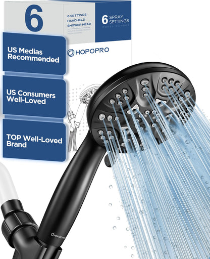 HOPOPRO 7-Setting Handheld Shower Head with Built-in Power Wash, Polished ABS Chrome, 71-Inch Stainless Steel Hose, 360 Rotatable Brass Overhead Bracket, Anti-Leakage Teflon Tape