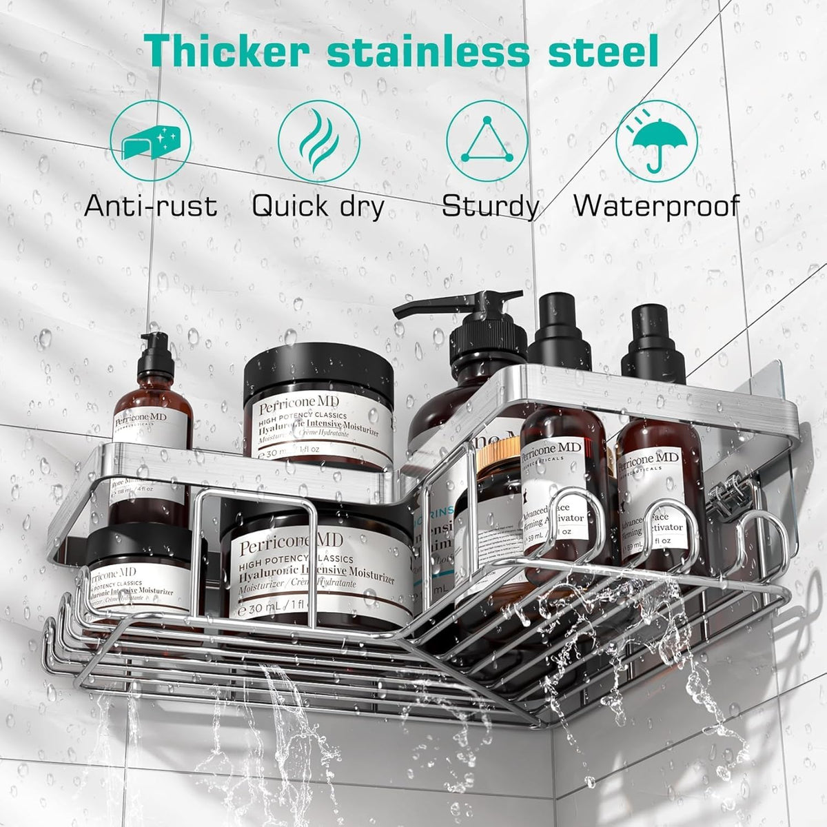 YASONIC Corner Adhesive Shower Caddy, with Soap Holder and 12 Hooks, Rustproof Stainless Steel Bathroom Organizer, No Drilling Wall Mounted Rack, Brushed Silver, 3-Pack
