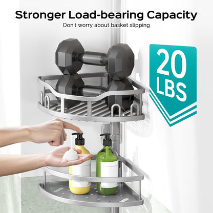 HAMITOR Corner Shower Caddy Tension Pole: Rustproof Stable 4-Tier Bathroom Organizer Shelves for Bathtub Shampoo Storage - 47-121 Inch Quick Install Adjustable Shelf with Soap Rack - Silver Gray