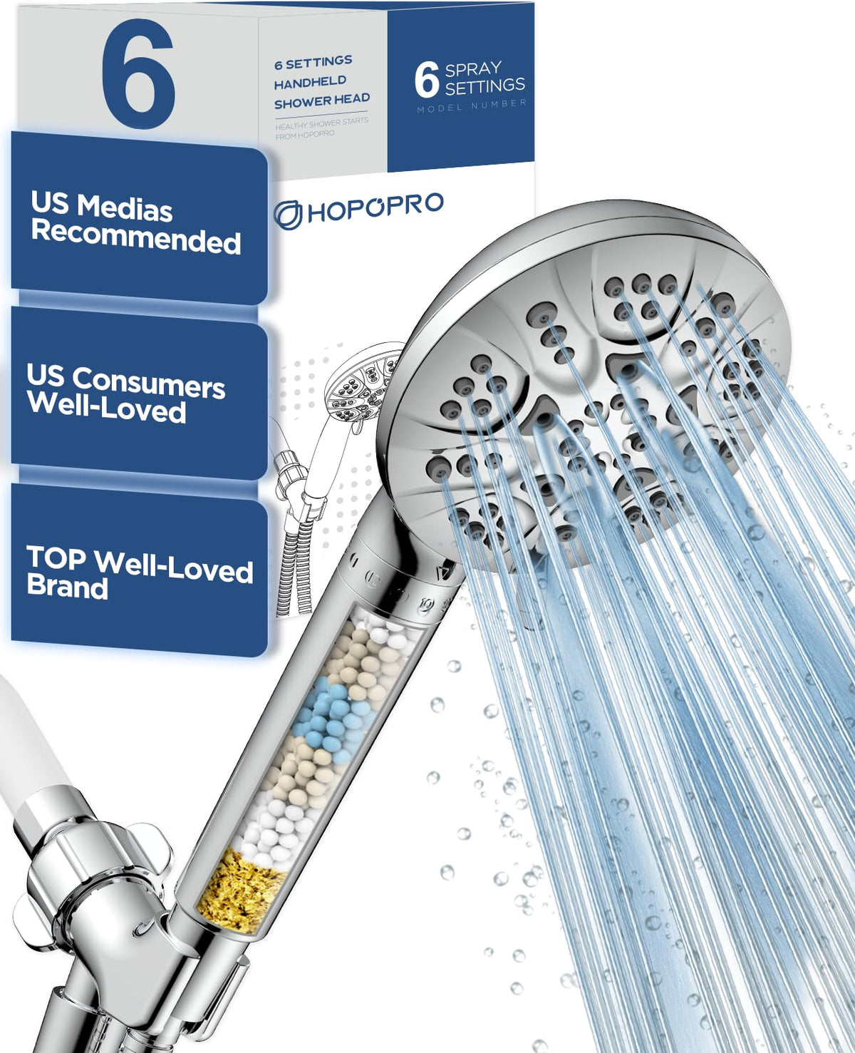 HOPOPRO 7-Setting Handheld Shower Head with Built-in Power Wash, Polished ABS Chrome, 71-Inch Stainless Steel Hose, 360 Rotatable Brass Overhead Bracket, Anti-Leakage Teflon Tape