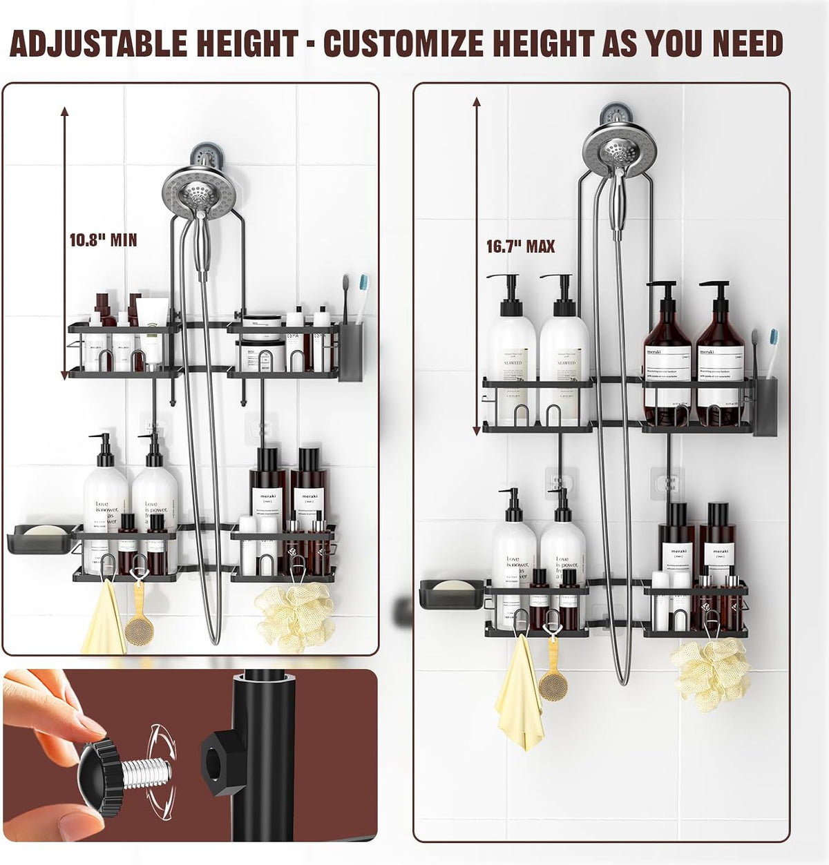 REINHARDT Adjustable Shower Caddy Hanging for Handheld Showerheads, Black