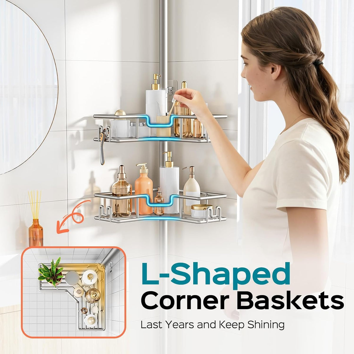 HAMITOR Corner Shower Shelves, 4-Tier Metal Tension Pole Caddy, Silver Gray