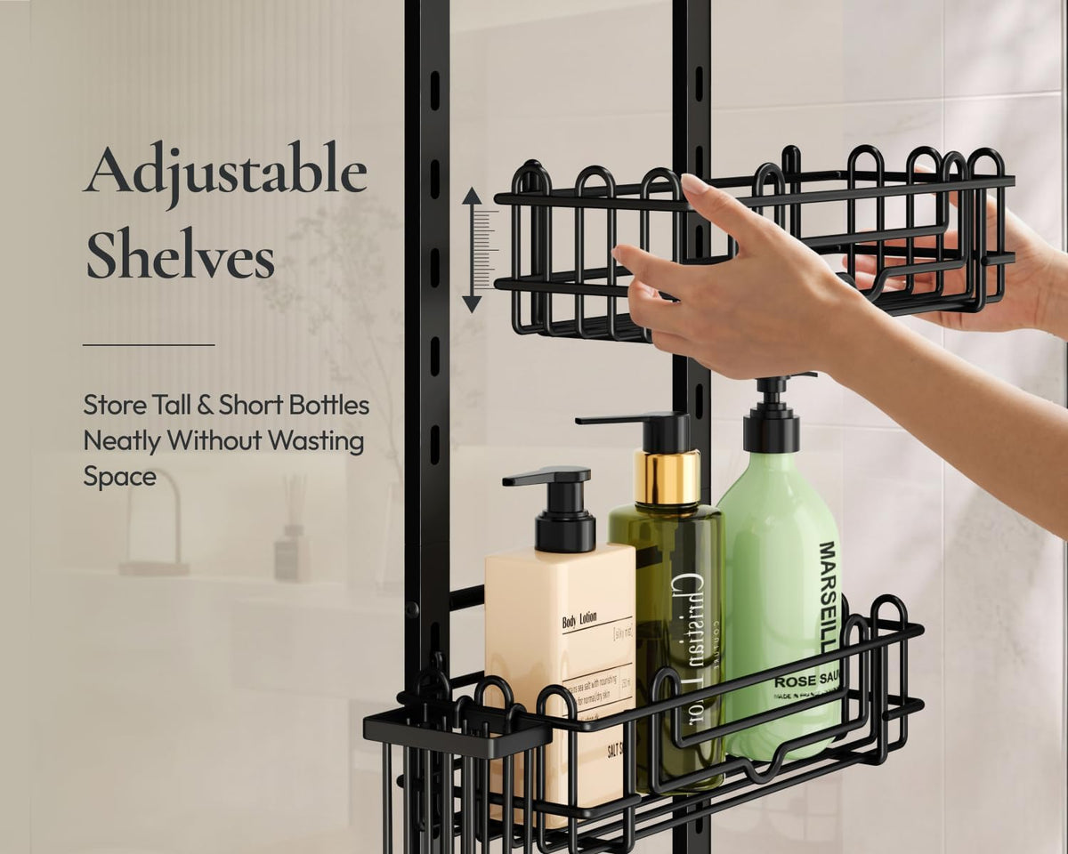 HapiRm Over the Door Shower Caddy - 4-Tier Hanging Shower Organizer with 22 Hooks and 2 Toothbrush Holders, No Drilling Adjustable Hanging Shelves for Bathroom - Black