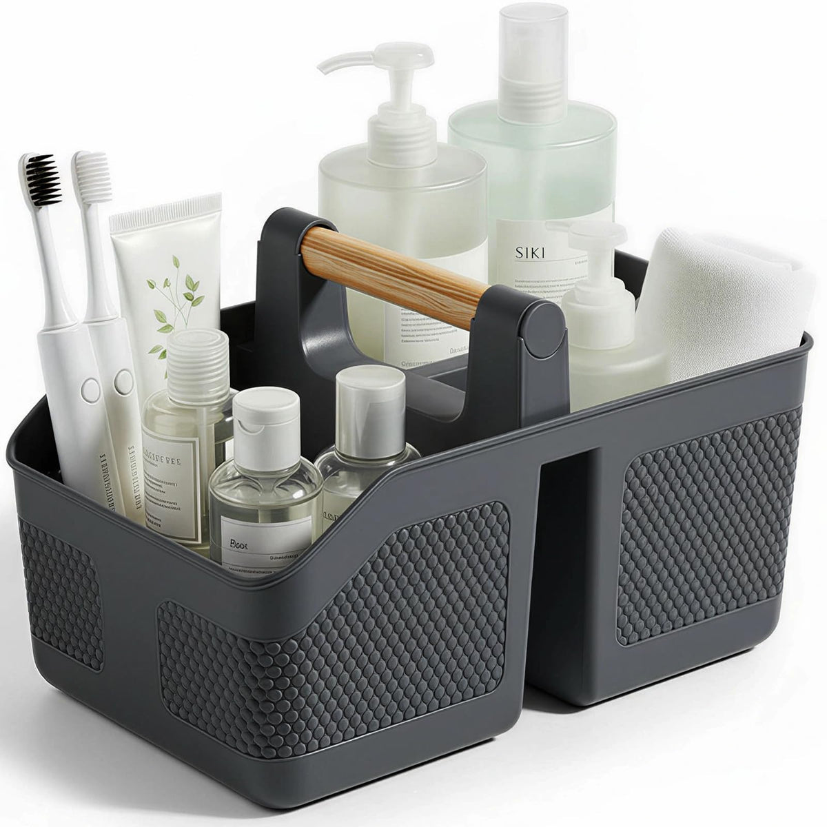 Plastic Shower Caddy Portable Shower Basket with Bamboo Handle, Black