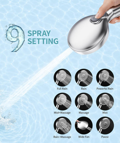 SR SUN RISE Filtered Shower Head with Handheld High Pressure 9 Spray Mode Showerhead Detachable Shower Head Water Softener Filters Beads for Hard Water Remove Chlorine 1 Filter Bright Silver