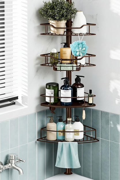 Corner Shower Caddy Tension Pole, 4 Tier Rustproof Shower Tension Rod Organizer, Adjustable 25-125 Inch Bathroom Shower Organizer Shelves for Bathtub Shampoo Storage, Black