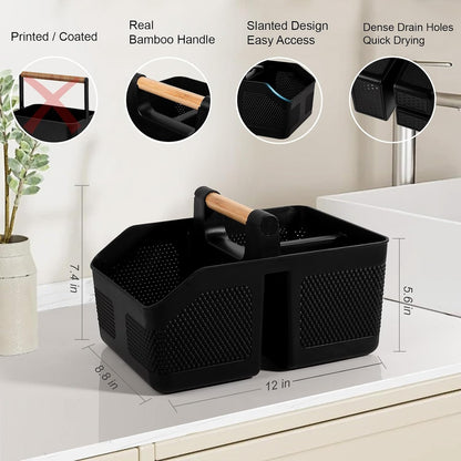Plastic Shower Caddy Portable Shower Basket with Bamboo Handle, Black