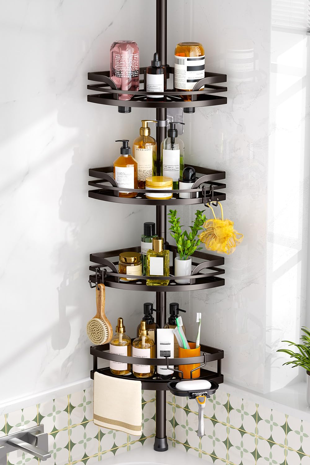 HAMITOR Shower Caddy Tension Pole: Corner Bathroom Organizer for Renters