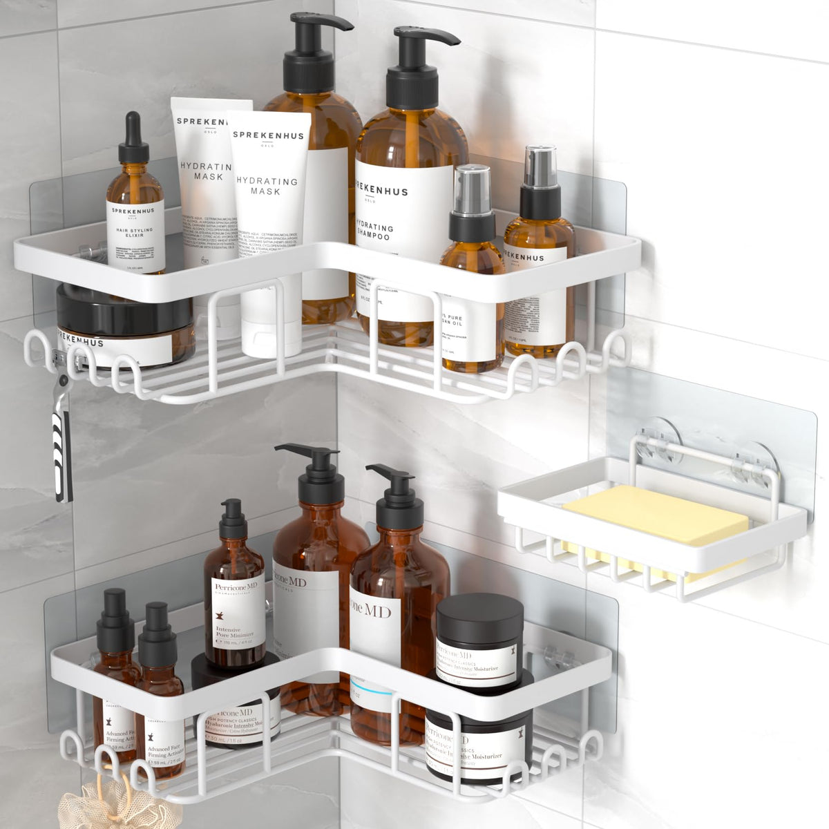 YASONIC Corner Adhesive Shower Caddy, with Soap Holder and 12 Hooks, Rustproof Stainless Steel Bathroom Organizer, No Drilling Wall Mounted Rack, Brushed Silver, 3-Pack