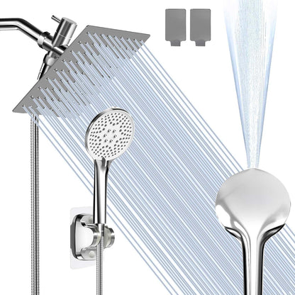 Airlex Shower Head Rain Shower Head with Handheld Spary, High Pressure Rainfall Showerhead and 4 Modes Handheld Shower Heads Built-in Power Wash with 71 Inch Stainless Steel Hose, 8'' Sliver