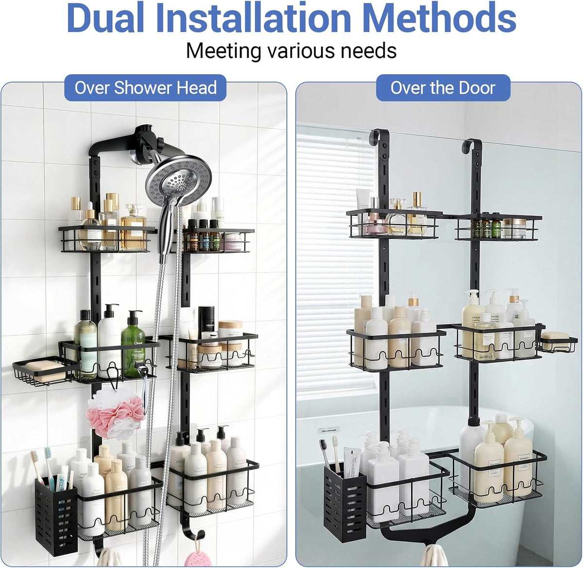 Extra Large Shower Caddy Hanging, Rust-Resistant Shower Organizer Hanging, 3 Tier Height-Adjustable Over the Head Caddy, Rack with Soap Basket (Black)