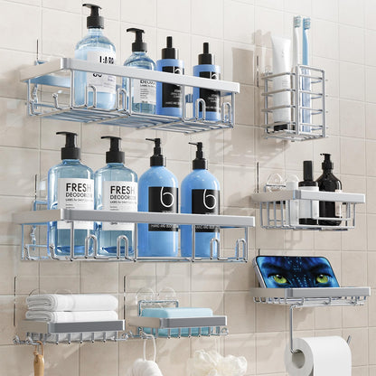 Shower Caddy 7 Pack, Adhesive Bathroom Shower Organizer for Bathroom Storage, No Drilling Large Capacity Rustproof Stainless Steel Shower Shelves Rack for Bath, Black