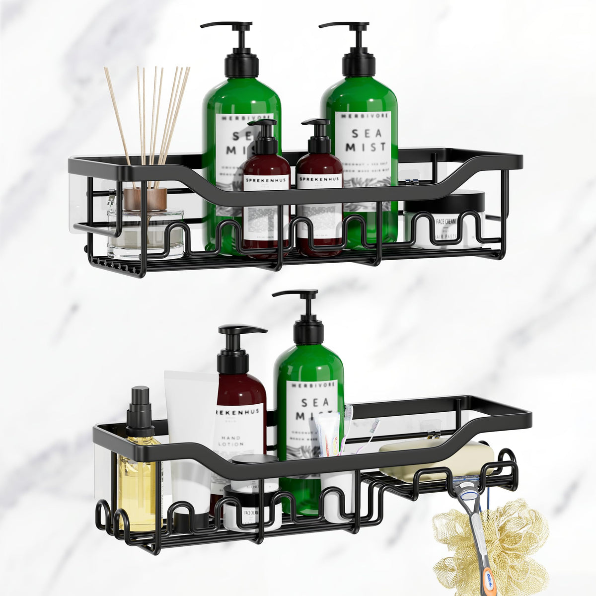 Upgraded Extended Length Shower Organizer with Hooks, Rustproof Shampoo Soap Holder, Large Hanging Bathroom Caddy