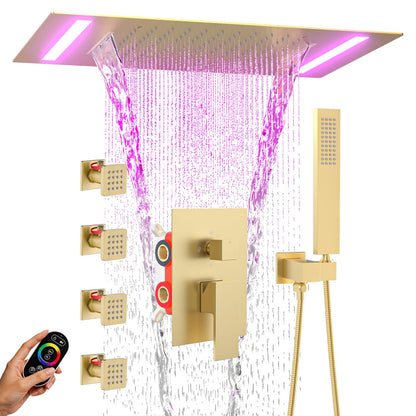 ENGA Dual Rain Shower Head System, 2 In 1 Functions Ceiling Mount 14x20inch LED Shower Head with 6 Inch Shower Head, Rainfall Waterfall Shower Faucet Set, Matte Black