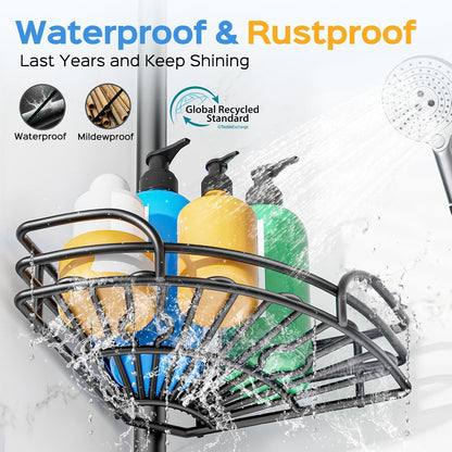 HAMITOR Corner Shower Caddy Tension Pole, Adjustable No-Drill Widen Shelves