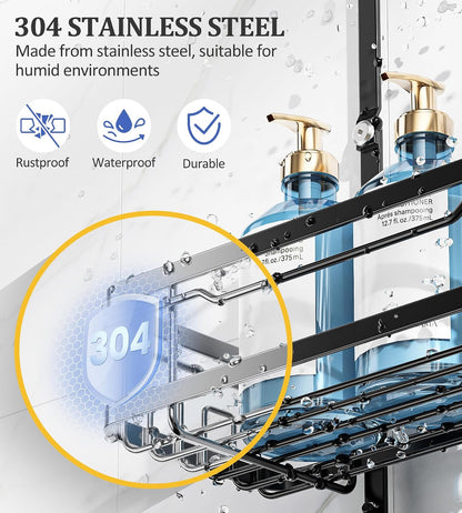 OMAIRA Shower Caddy Hanging Over the Shower Head - Rustproof Shower Organizer Hanging with Soap Scrub Holder, Non-Slip Stainless Steel Bathroom Storage Rack & Shelves, No Drilling, Black