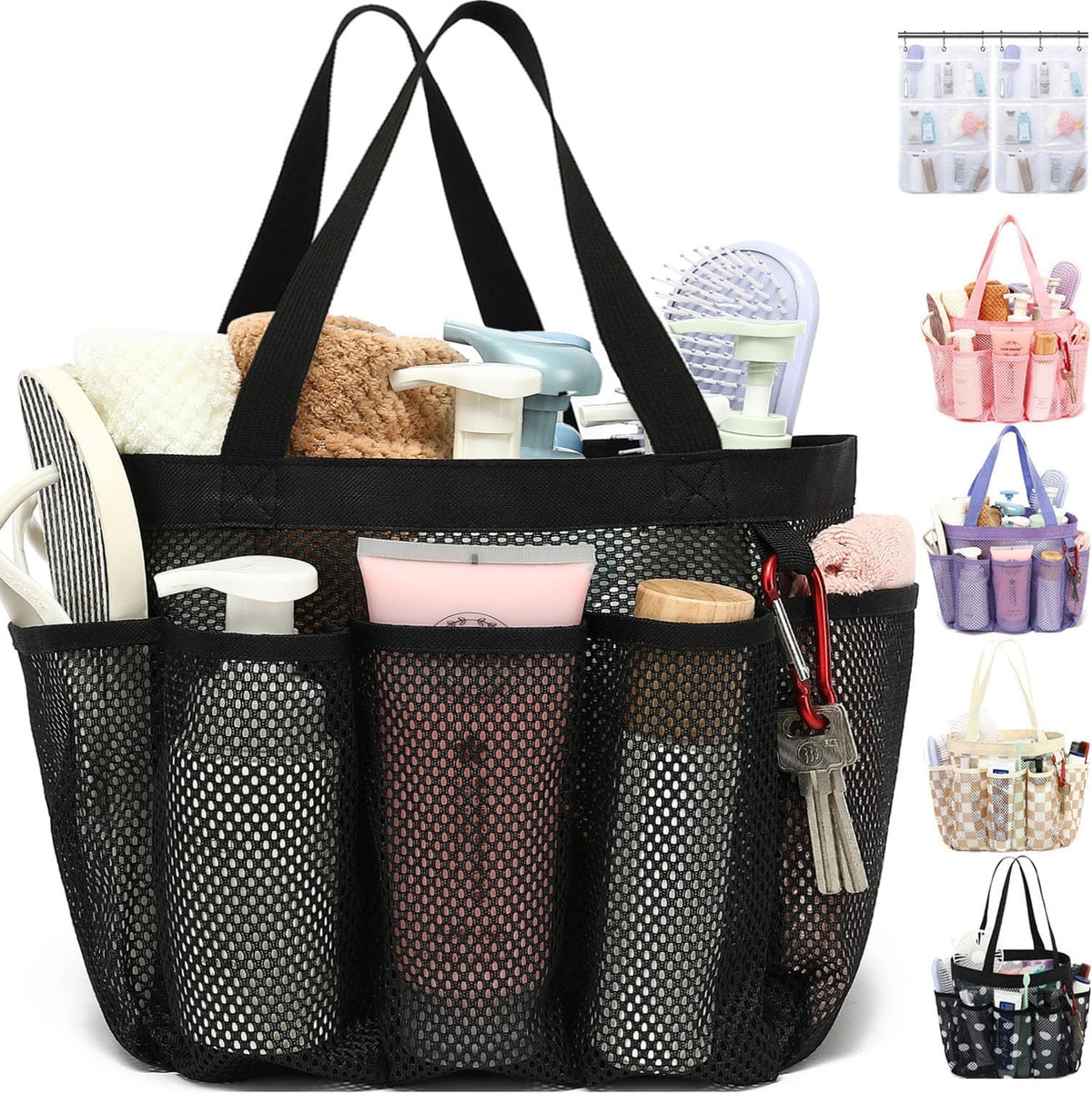 Fammart Mesh Shower Caddy Portable for College Dorm Room Essentials, Odorless Polyester Large Shower Tote Bag with Dual Handles, 8-Pocket Quick-Dry Toiletry Organizer for Travel, Beach, Camping, Gym