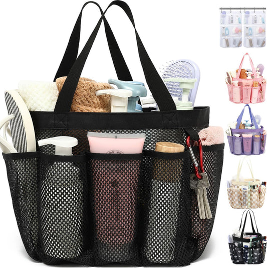 Fammart Mesh Shower Caddy Portable for College Dorm Room Essentials, Odorless Polyester Large Shower Tote Bag with Dual Handles, 8-Pocket Quick-Dry Toiletry Organizer for Travel, Beach, Camping, Gym
