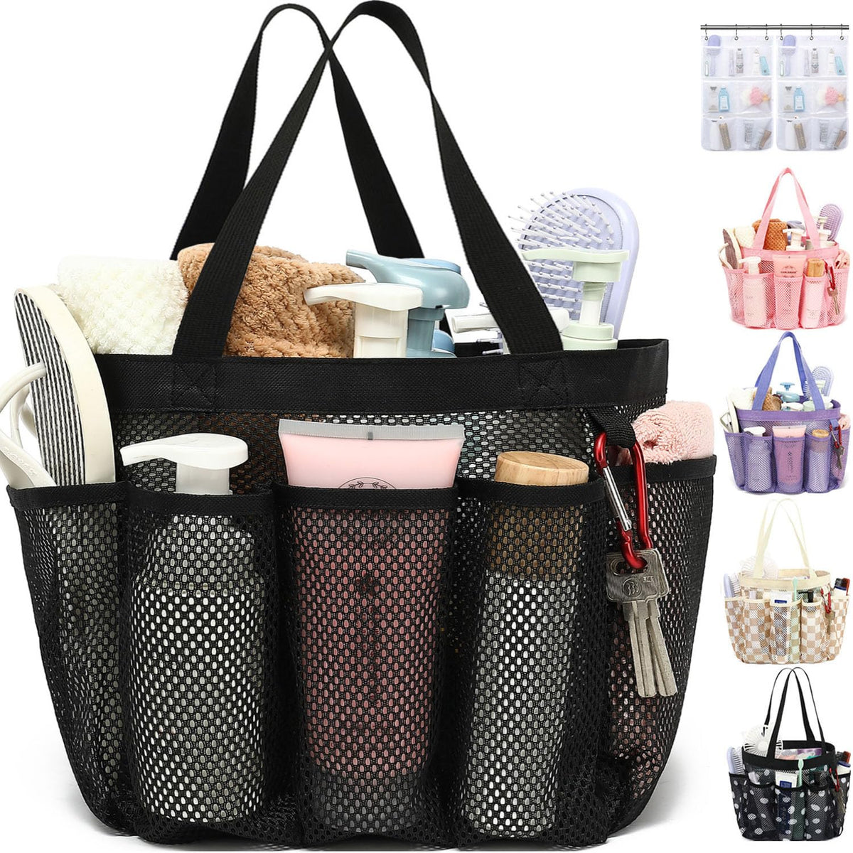 Fammart Mesh Shower Caddy Portable for College Dorm Room Essentials, Odorless Polyester Large Shower Tote Bag with Dual Handles, 8-Pocket Quick-Dry Toiletry Organizer for Travel, Beach, Camping, Gym