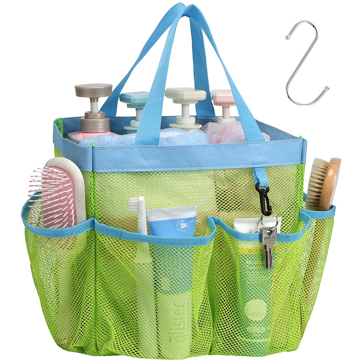 Mesh Shower Caddy Portable - 8 Pockets, S-Hook, Shower Bag for Dorm Camping