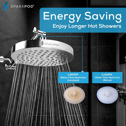 SparkPod Rain Shower Head, 8 Inch Round, Luxury Polished Chrome Finish