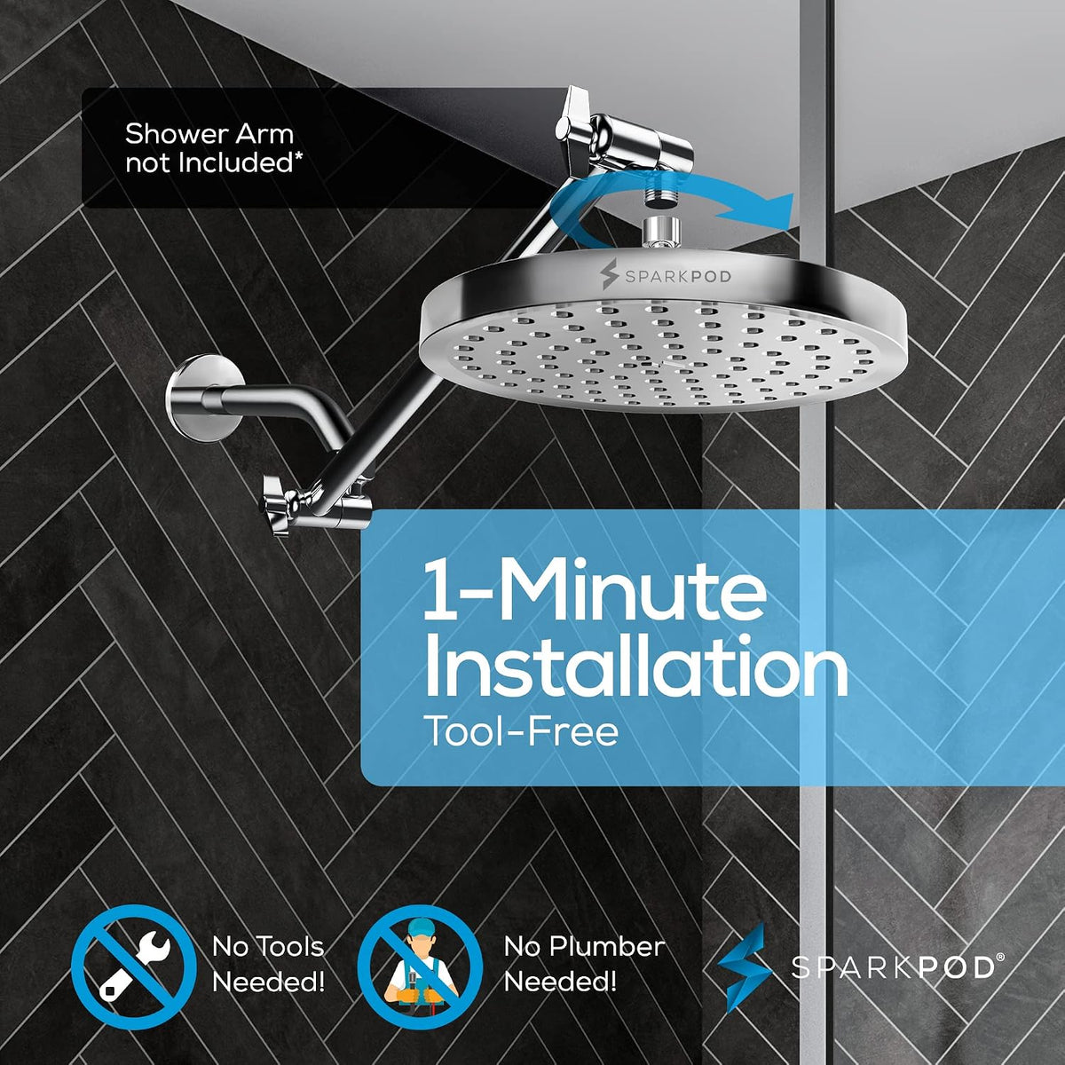 SparkPod Rain Shower Head, 8 Inch Round, Luxury Polished Chrome Finish